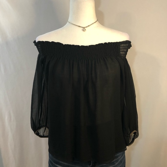 ZARA BASIC Off The Shoulder Sheer Top Gold Hem S - Picture 4 of 6